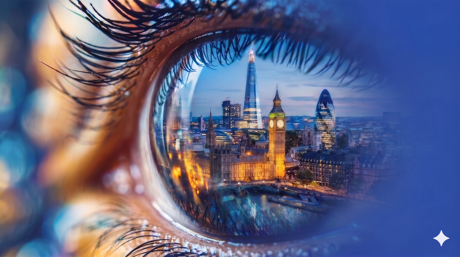 London skyline including Big Ben, The Shard and The Gherkin reflected in an eye — symbolic of Front FM's view of the City